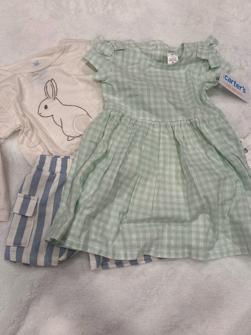 Carter's Mint Green Gingham Ruffle-Sleeve Dress and bunny shorts set